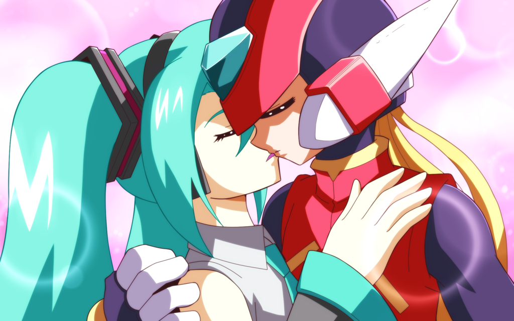 1boy 1girl android arm_around_back blonde_hair blue_hair blue_neckwear closed_eyes hand_on_another&#039;s_shoulder hatsune_miku helmet hetero innovator123 kiss necktie mega_man_(series) mega_man_zero_(series) twintails vocaloid zero_(mega_man)