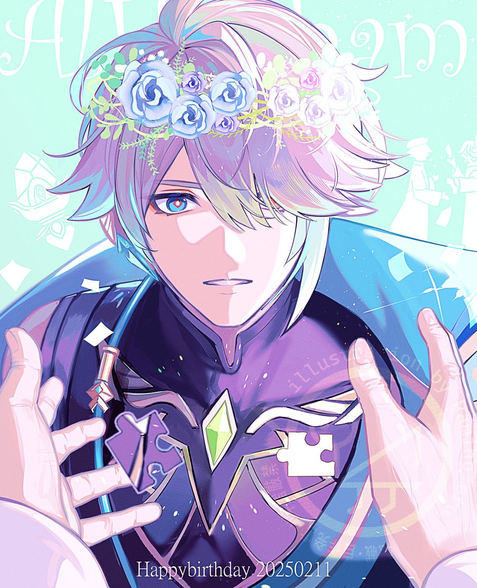 1boy 1other alhaitham_(genshin_impact) antenna_hair black_shirt blue_flower blue_rose cable cape character_name chest_jewel commentary_request confetti dated flower flower_wreath gem genshin_impact green_background green_cape green_eyes green_gemstone green_hair grey_hair hair_over_one_eye happy_birthday head_wreath headphones highres kamino_eru kaveh_(genshin_impact) looking_at_viewer male_focus multicolored_hair one_eye_covered parted_bangs parted_lips pov pov_hands purple_flower purple_rose puzzle_piece rose shirt short_hair solo_focus upper_body