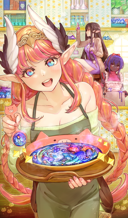 3girls absurdly_long_hair apron aqua_eyes bad_food bare_shoulders blush braid breasts brown_hair brown_wings burnt_food circe_(fate) cleavage cooking cooking_pot dark-skinned_female dark_skin detached_sleeves fate/grand_order fate_(series) feathered_wings hairband hassan_of_serenity_(fate) head_wings headband kawai_makoto ladle large_breasts liquid long_hair looking_at_viewer multiple_girls off-shoulder_sweater off_shoulder official_art open_mouth pink_hair pink_nails plate pointy_ears poison potion purple_eyes purple_hair red_headband semiramis_(fate) smile spoon sweater textless_version twin_braids very_dark_skin very_long_hair winged_hair_ornament wings yellow_sweater
