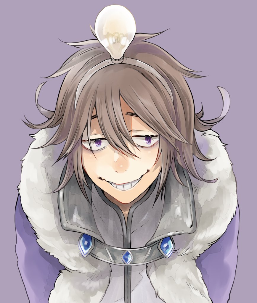 1boy bags_under_eyes brown_hair cape commentary_request flipped_hair fur-trimmed_cape fur_trim grin light_bulb looking_at_viewer male_focus medium_hair official_alternate_costume purple_cape purple_eyes ragnarok_online shirt simple_background smile solo upper_body warlock_(ragnarok_online) white_shirt yutsuki