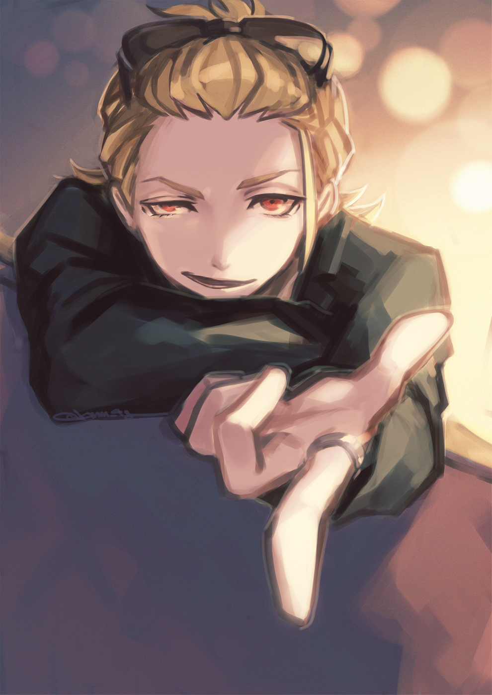 1boy arm_support black_suit blonde_hair close-up crossed_arms eyebrows eyelashes formal_clothes highres jewelry male_focus medium_hair open_mouth outstretched_hand red_eyes ring shiba_(ntwewy) shin_subarashiki_kono_sekai smile solo solo_focus subarashiki_kono_sekai suit sunglasses_on_head