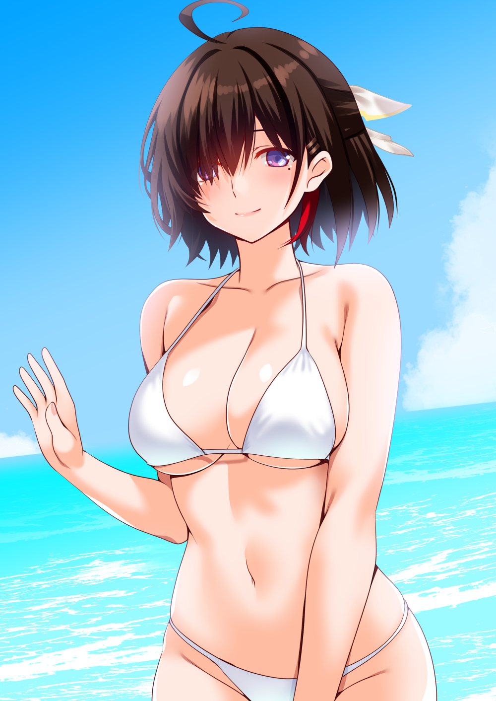 1girl atelier_(series) atelier_yumia bare_arms bare_shoulders between_legs bikini black_hair blue_sky blush breasts collarbone commission engo_(aquawatery) hair_ornament hair_over_one_eye hand_between_legs hand_up highres large_breasts looking_at_viewer mole mole_under_eye navel ocean outdoors pixiv_commission purple_eyes short_hair sky smile solo swimsuit waving white_bikini yumia_liessfeldt