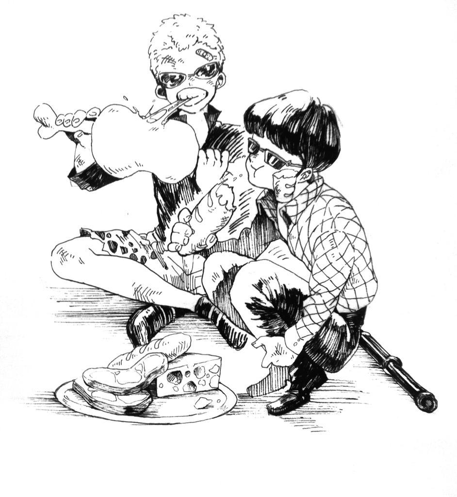 10kiroki 2boys aged_down bandaid bandaid_on_face bandaid_on_forehead black_hair black_shirt blonde_hair boned_meat bread checkered_clothes checkered_shirt cheese crossed_legs dirty donquixote_doflamingo eating food food_on_face holding holding_food male_focus meat monochrome multiple_boys one_piece shirt short_hair simple_background sitting sliced_meat squatting sunglasses teeth vergo_(one_piece) white_background