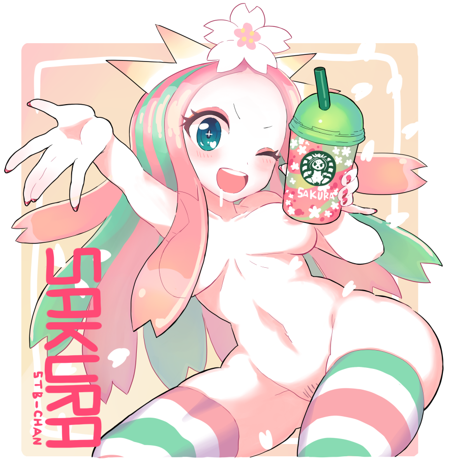 &gt;:d 1girl :d blue_eyes blush breasts cherry_blossoms colored_skin commentary convenient_censoring crown cup disposable_cup female_focus female_pubic_hair flower flower_on_head gashi-gashi green_hair long_hair multicolored_hair nail_polish navel nude one_eye_closed open_mouth pink_hair pink_skin product_girl pubic_hair red_nails saliva see-through_clothes smile solo starbucks starbucks_siren stb-chan striped_clothes striped_thighhighs teeth thighhighs v-shaped_eyebrows