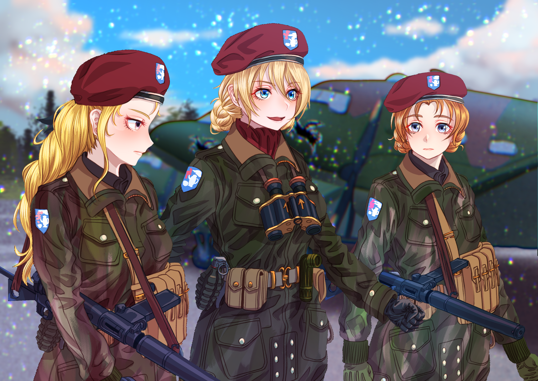 3girls alternate_costume assam_(girls_und_panzer) belt beret binoculars black_gloves blonde_hair blue_eyes blue_sky blurry blurry_background braid closed_mouth cloud cloudy_sky coat commentary darjeeling_(girls_und_panzer) day depth_of_field emblem explosive flashlight frown girls_und_panzer gloves green_coat green_gloves grenade hat highres light_frown long_hair looking_at_viewer looking_to_the_side military military_hat military_uniform multiple_girls open_mouth orange_hair orange_pekoe_(girls_und_panzer) outdoors parted_bangs red_hat red_scarf scarf short_hair sky smile solo st._gloriana's_(emblem) standing sten_gun tigern_(tigern28502735) twin_braids utility_belt world_war_ii