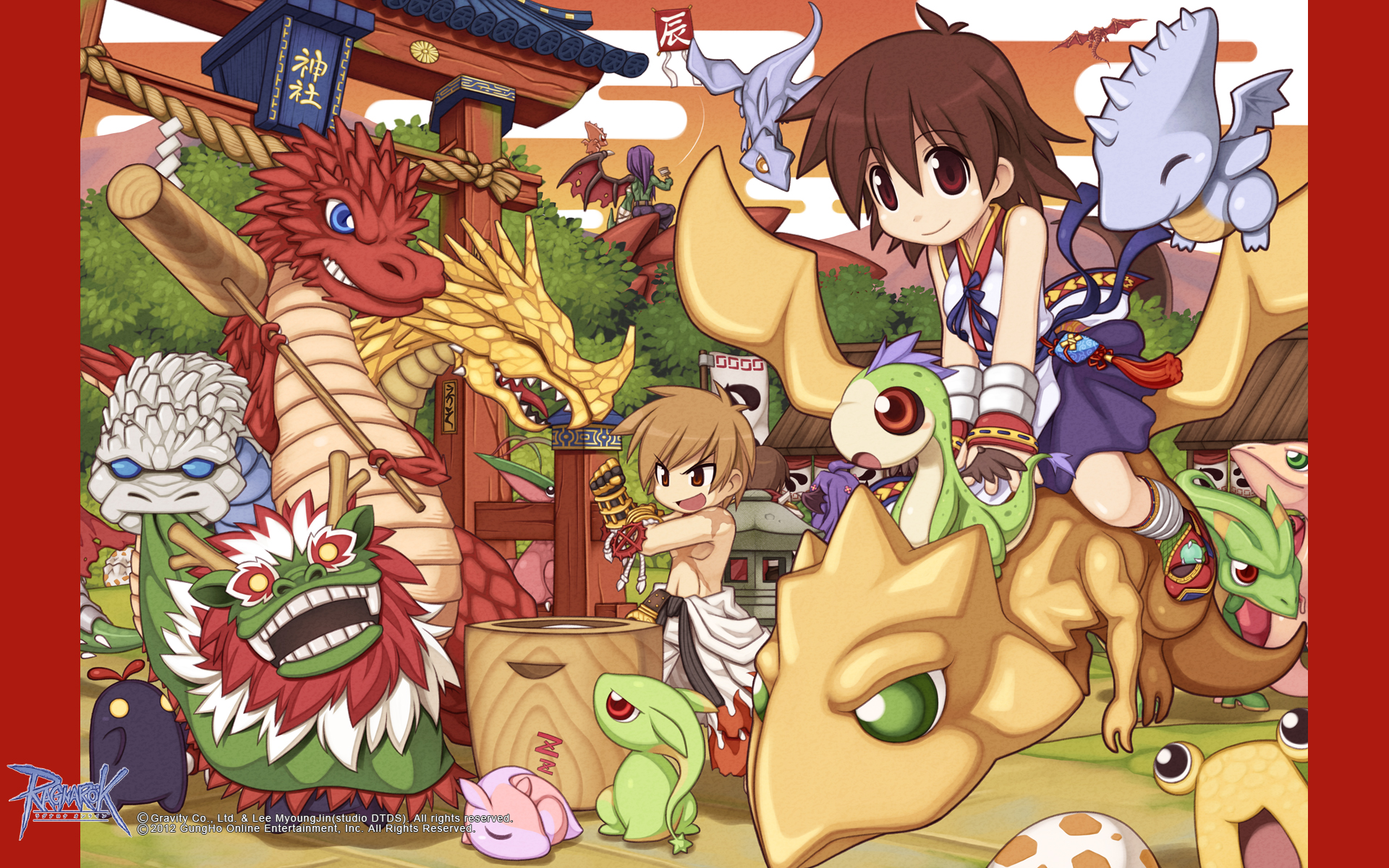 2girls 3boys acidus_(ragnarok_online) alternate_color banner black_gloves breasts brown_eyes brown_hair chibi closed_mouth clothes_around_waist copyright_notice creature cross_of_prontera deleter_(ragnarok_online) detardeurus dragon dragon_egg_(ragnarok_online) egasumi ferus_(ragnarok_online) flame_print food full_body gauntlets gloves hair_between_eyes highres hydrolancer kine logo loki_(ragnarok_online) looking_at_viewer mallet mochi mochitsuki monster multiple_boys multiple_girls multiple_heads mutant_dragonoid nidhoggr_(ragnarok_online) official_art official_wallpaper open_mouth orange_sky outdoors pants petite_(ragnarok_online) pillarboxed purple_hair purple_skirt ragnarok_online red_eyes red_footwear red_novus red_wings riding_dragon shirt shirt_around_waist shoes short_hair single_wing skirt sky sleeping sleeveless sleeveless_shirt small_breasts smile star_gladiator_(ragnarok_online) stone_lantern sura_(ragnarok_online) topless_male torii white_pants white_shirt wings yellow_novus yuichirou zhu_po_long zzz
