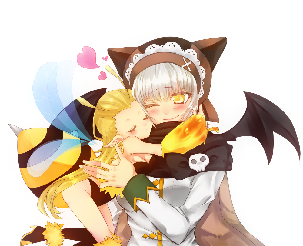 2girls arthropod_girl bee_girl black_leotard black_scarf black_wings blazer blonde_hair blush brown_hat closed_eyes closed_mouth genetic_(ragnarok_online) hat heart honey hug insect_girl jacket leotard long_hair multiple_girls official_alternate_costume one_eye_closed pointy_ears ragnarok_online scarf see-through_clothes sera_(ragnarok_online) shirokuro_(erisnoa) simple_background smile stinger upper_body white_background white_hair white_jacket wings yellow_eyes