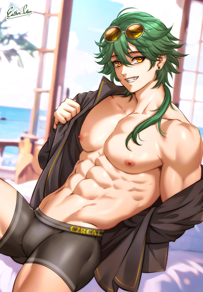 abs bara bishounen boxer_briefs bulge day deltoids esther_shen eyewear_on_head ezreal grin large_pectorals league_of_legends long_hair looking_at_viewer male_focus male_underwear muscular muscular_male pectorals serratus_anterior smile tinted_eyewear underwear water yellow-tinted_eyewear