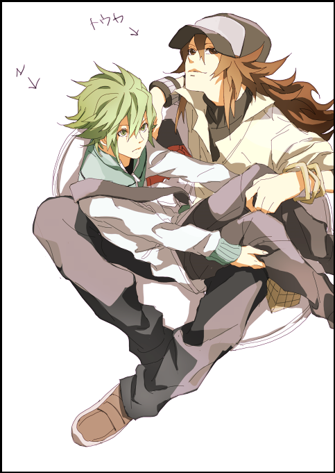 2boys alternate_hairstyle arrow_(symbol) baseball_cap brown_eyes brown_hair chair character_name cosplay costume_switch green_eyes green_hair hat hilbert_(pokemon) hilbert_(pokemon)_(cosplay) long_hair looking_at_viewer looking_up male_focus multiple_boys n_(pokemon) n_(pokemon)_(cosplay) nintendo pokemon pokemon_bw role_reversal short_hair simple_background sitting sitting_on_lap sitting_on_person translation_request tsurukame_(mihomi) white_background wristband