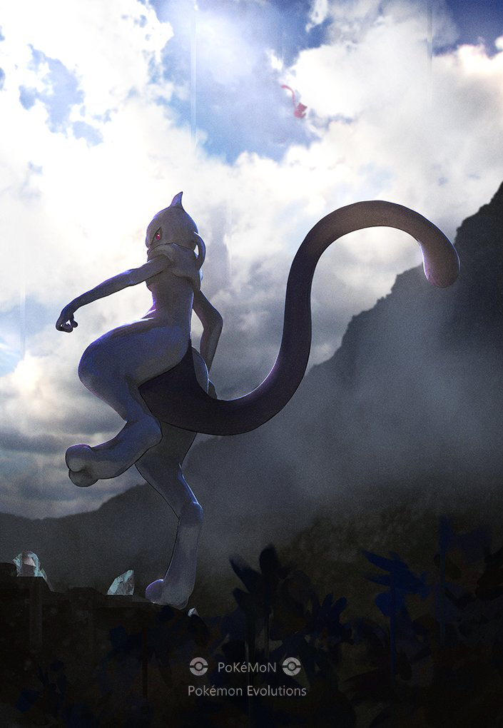 blue_sky cloud cloudy_sky commentary_request concept_art copyright_name floating full_body gen_1_pokemon legendary_pokemon mew_(pokemon) mewtwo mythical_pokemon nintendo no_humans official_art otsumami_(bu-bu-heaven) pokemon pokemon_(creature) pokemon_evolutions red_eyes sky standing standing_on_one_leg