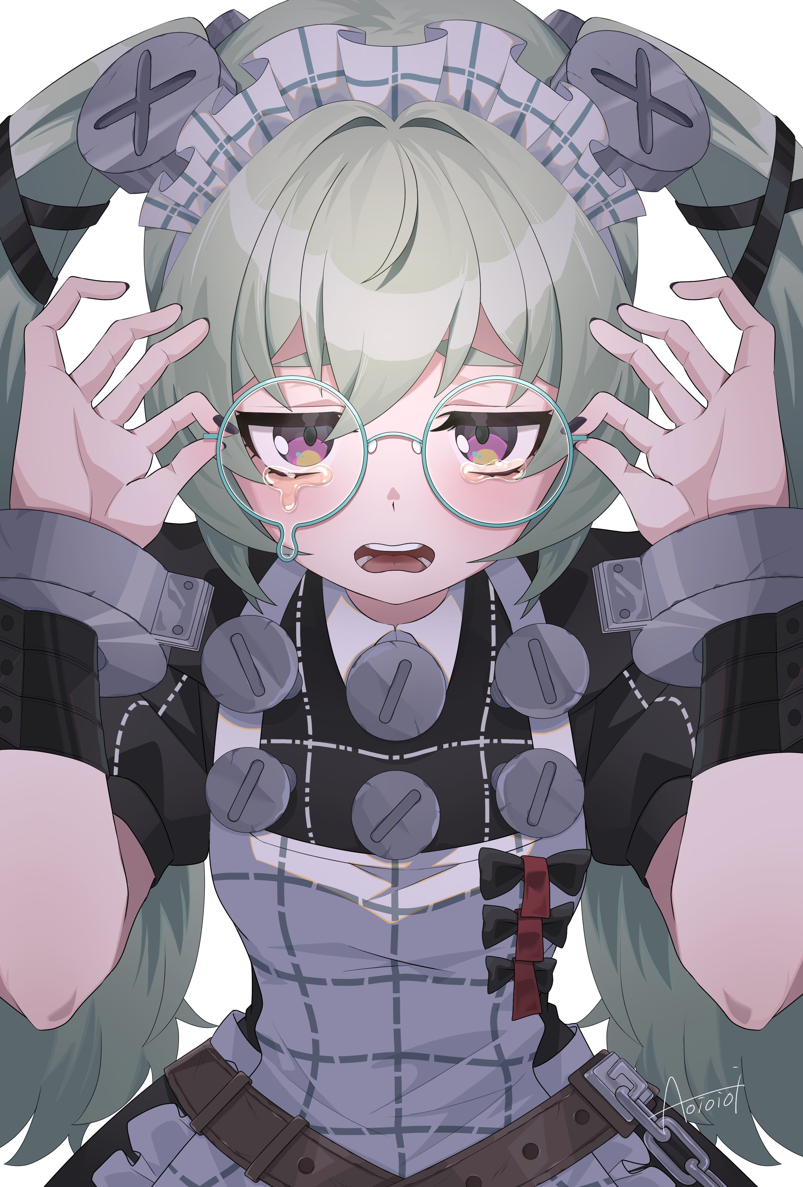 1girl absurdres adjusting_eyewear apron black_dress black_nails corin_wickes dress glasses green_hair hair_between_eyes highres looking_at_viewer maid maid_apron maid_headdress nail_polish open_mouth puffy_short_sleeves puffy_sleeves purple_eyes screw screw_hair_ornament short_sleeves solo tears twintails wata_aoioioi white_apron white_background zenless_zone_zero