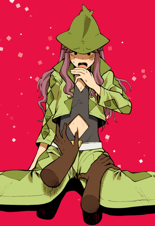 1boy argyle belt black_eyes black_shirt blush cacturne clothing_cutout cropped_jacket disembodied_hand gen_3_pokemon green_headwear green_pants hand_up harley_(pokemon) hat long_hair long_sleeves looking_at_viewer male_focus minashirazu navel_cutout nintendo open_mouth pants pokemon pokemon_(anime) pokemon_(creature) pokemon_rse_(anime) purple_hair red_background shirt simple_background sitting solo_focus sweat wariza