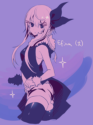 1girl :t breasts character_name clenched_hand closed_mouth cropped_legs efina female_focus from_side fur_trim hair_between_eyes hair_ornament hair_ribbon hairclip head_tilt lieat looking_at_viewer lowres medium_breasts miwasiba monochrome official_art pointy_ears purple_background ribbon shorts simple_background solo sparkle star_(symbol) thighhighs wrist_cuffs x_hair_ornament