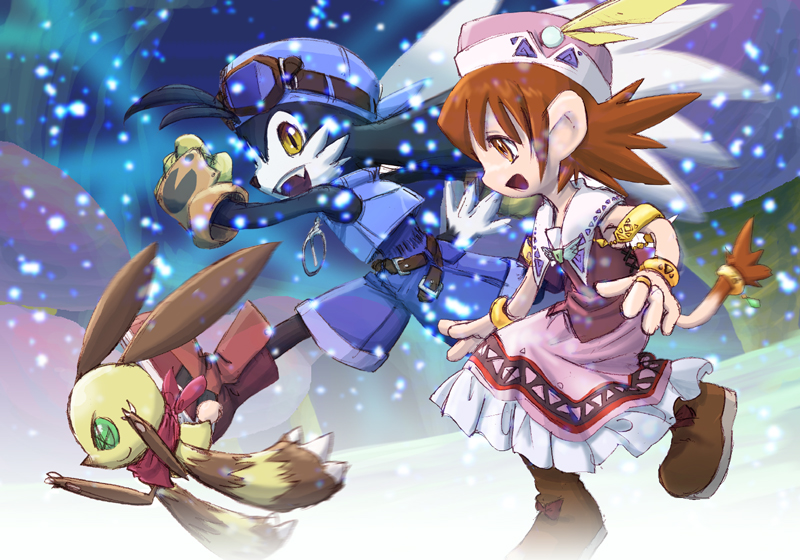 1girl 2boys animal_ears blue_headwear blue_shorts brown_hair dress furry furry_female furry_male gloves kaze_no_klonoa klonoa lolo_(klonoa) luciwoo monkey_ears monkey_tail multiple_boys pink_dress popka running shorts snow snowing tail yellow_eyes yellow_gloves