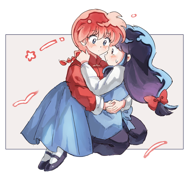 2girls aquanut black_footwear blue_eyes blush bow braid braided_ponytail breasts chinese_clothes fuurinkan_high_school_uniform hair_bow multiple_girls ranma-chan ranma_1/2 red_bow school_uniform socks tangzhuang tendou_akane white_socks yuri