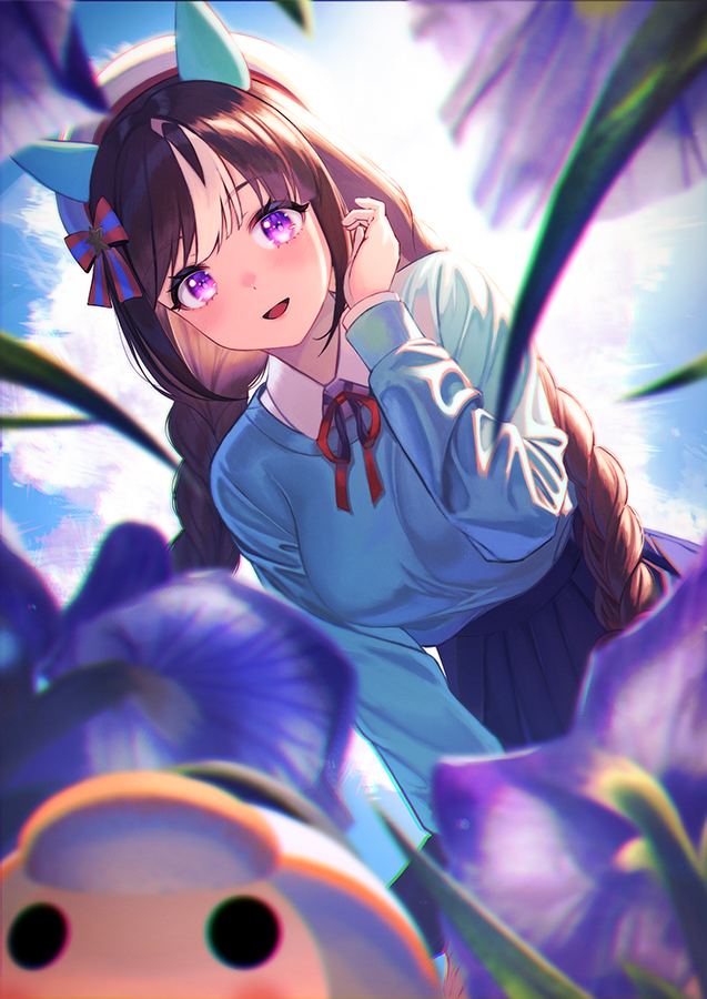 1girl animal_ears beret blush braid brown_hair character_request collared_shirt day ear_covers flower from_below grass hair_ribbon hand_up hat hokko_tarumae_(umamusume) horse_ears horse_girl long_hair multicolored_hair neck_ribbon open_mouth outdoors pleated_skirt purple_eyes ribbon shirt shirt_tucked_in skirt sky smile solo streaked_hair sunlight sweater twin_braids two-tone_hair umamusume unowen very_long_hair violet_(flower) white_hair