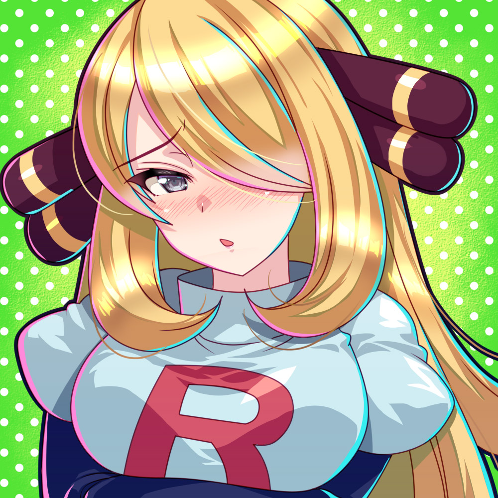 1girl :o aniasu_(nfud5754) arms_under_breasts black_gloves blonde_hair blush breasts commentary_request cosplay cynthia_(pokemon) elbow_gloves gloves green_background grey_eyes hair_ornament hair_over_one_eye jacket jessie_(pokemon) jessie_(pokemon)_(cosplay) logo long_hair looking_at_viewer nintendo open_mouth pokemon pokemon_(anime) pokemon_dppt_(anime) raised_eyebrows solo team_rocket upper_body