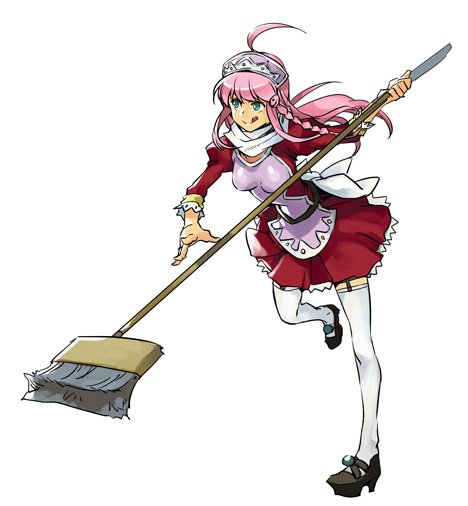 1girl :p ahoge apron braid breasts broom dress green_eyes hungry_clicker long_hair maid mop nono_(top_wo_nerae_2!) pink_hair red_dress red_hair ribbon scarf simple_background skirt smile solo thighhighs tongue tongue_out top_wo_nerae!_(series) top_wo_nerae_2! very_long_hair white_background white_scarf white_thighhighs