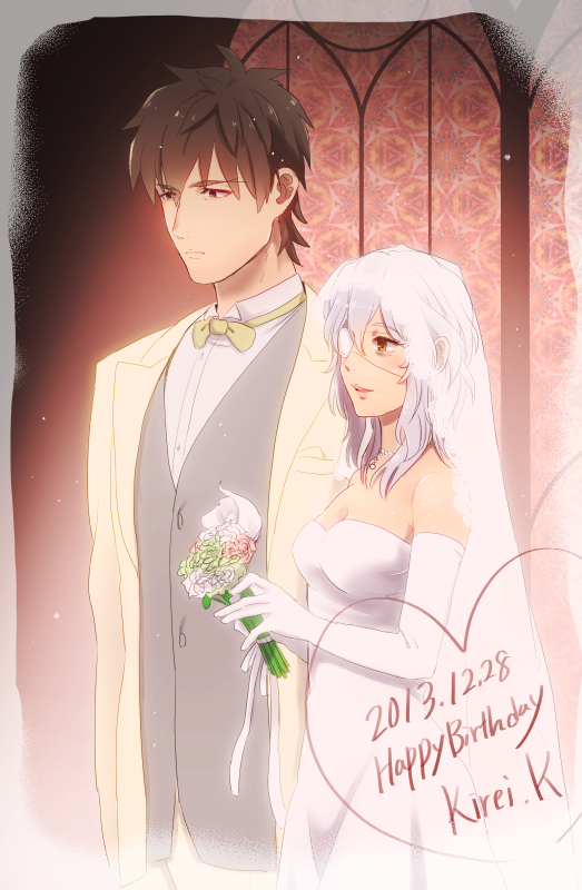1boy 1girl bad_id bad_pixiv_id bridal_veil bride brown_eyes brown_hair claudia_hortensia couple dated dress elbow_gloves eyepatch fate/zero fate_(series) gloves groom hetero husband_and_wife kotomine_kirei monchan19870113 veil wedding wedding_dress white_hair yukai_sachiko