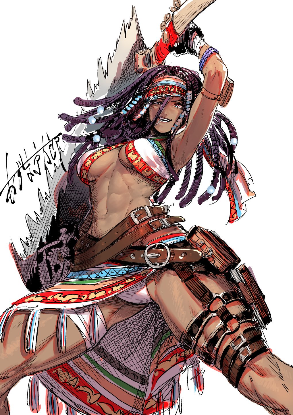 1girl abs azuma_kyoutarou_(artist) beads belt breasts buckle contrapposto cowboy_shot cropped_legs dark-skinned_female dark_skin darli_dagger dreadlocks evil_smile female_focus fingerless_gloves gloves hair_beads hair_between_eyes hair_ornament hair_tubes halterneck highres holding holding_weapon holster huge_weapon jewelry long_hair looking_at_viewer medium_breasts muscular muscular_female navel samurai_spirits saw saw_cleaver simple_background skirt smile snk solo standing thick_thighs thighs weapon white_background