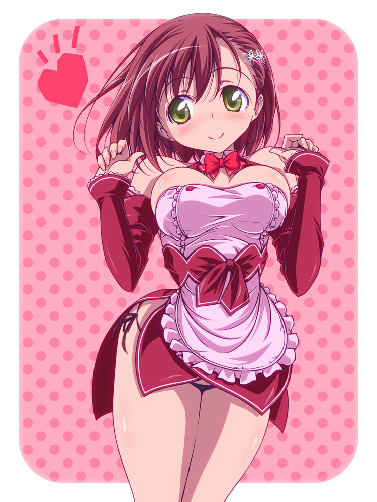 1girl apron bare_shoulders black_panties blush bow breasts detached_collar detached_sleeves dream_c_club dream_c_club_(series) dream_c_club_gogo. dress female_focus green_eyes hair_ornament hairpin heart karia_(dream_c_club_gogo.) kikuchi_tsutomu large_breasts looking_at_viewer panties pantyshot pink_background polka_dot polka_dot_background red_dress red_hair short_dress short_hair side-tie_panties smile solo standing strapless strapless_dress underwear waitress