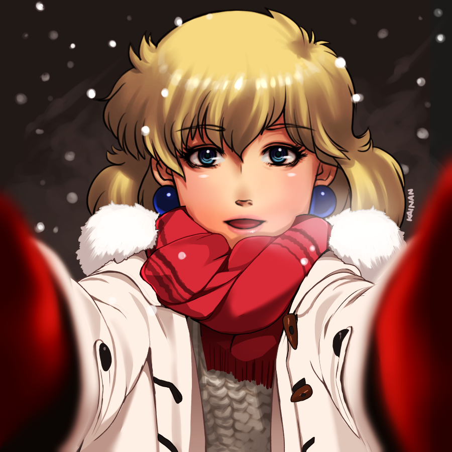 1girl artist_name blonde_hair blue_eyes breath coat commentary duffel_coat earrings fur-trimmed_coat fur_trim grey_sweater gundam gundam_0083 hair_between_eyes jewelry kainan looking_at_viewer medium_hair meme mittens nina_purpleton open_clothes open_coat open_mouth pov pov_cheek_warming_(meme) reaching reaching_towards_viewer red_mittens red_scarf ribbed_sweater scarf smile snowing solo sweater white_coat winter_clothes