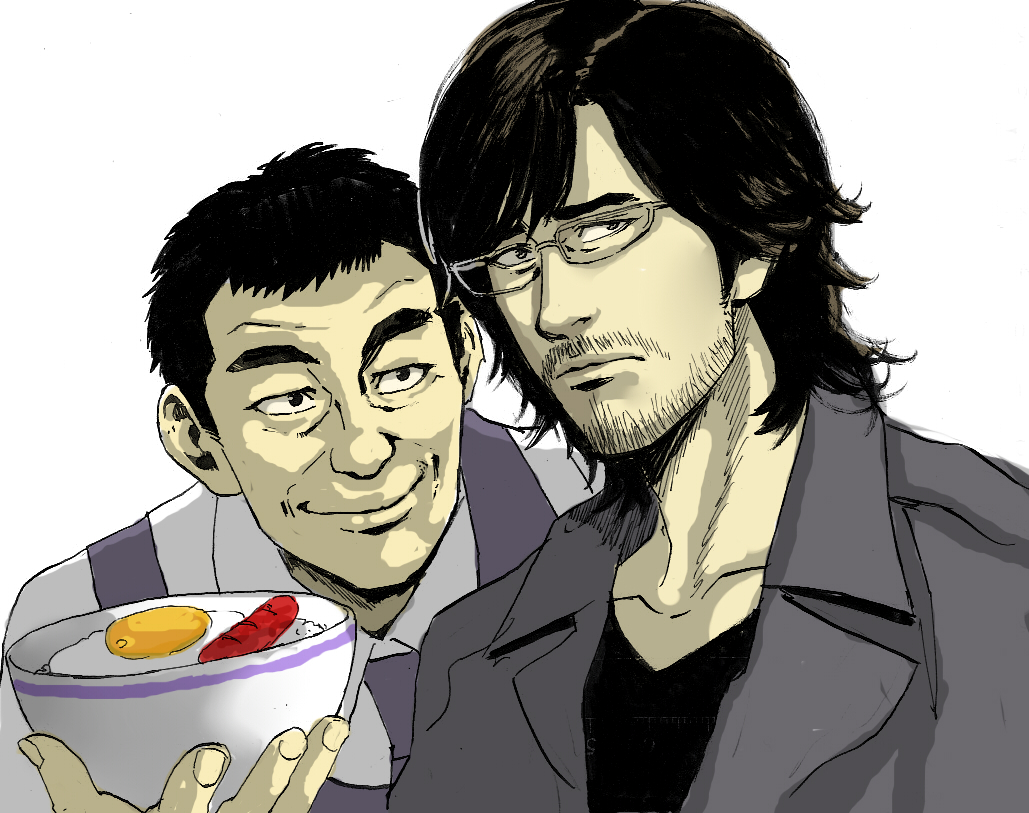 2boys 428_shibuya_scramble apron beard black_hair black_shirt egg facial_hair food glasses grey_jacket imajun jacket multiple_boys oosawa_kenji rice sausage shirt short_hair smile staring tanaka_mamoru