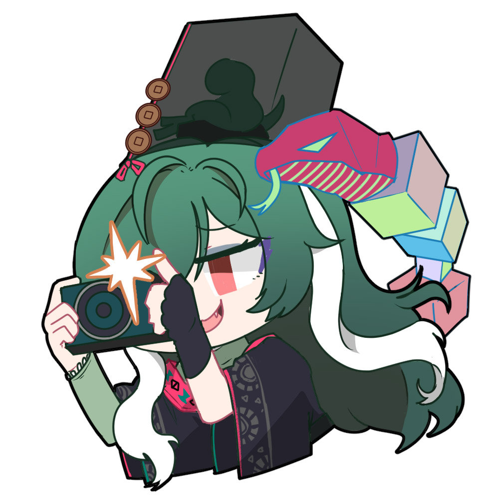 1girl artist_request black_hat black_robe camera_flash chibi chibi_only chinese_commentary fangs fingerless_gloves girls&#039;_frontline girls&#039;_frontline_neural_cloud gloves green_hair green_shirt hair_over_one_eye hat official_art red_eyes robe second-party_source shirt single_glove snake taking_picture taoism white_hair zangyin_(neural_cloud)