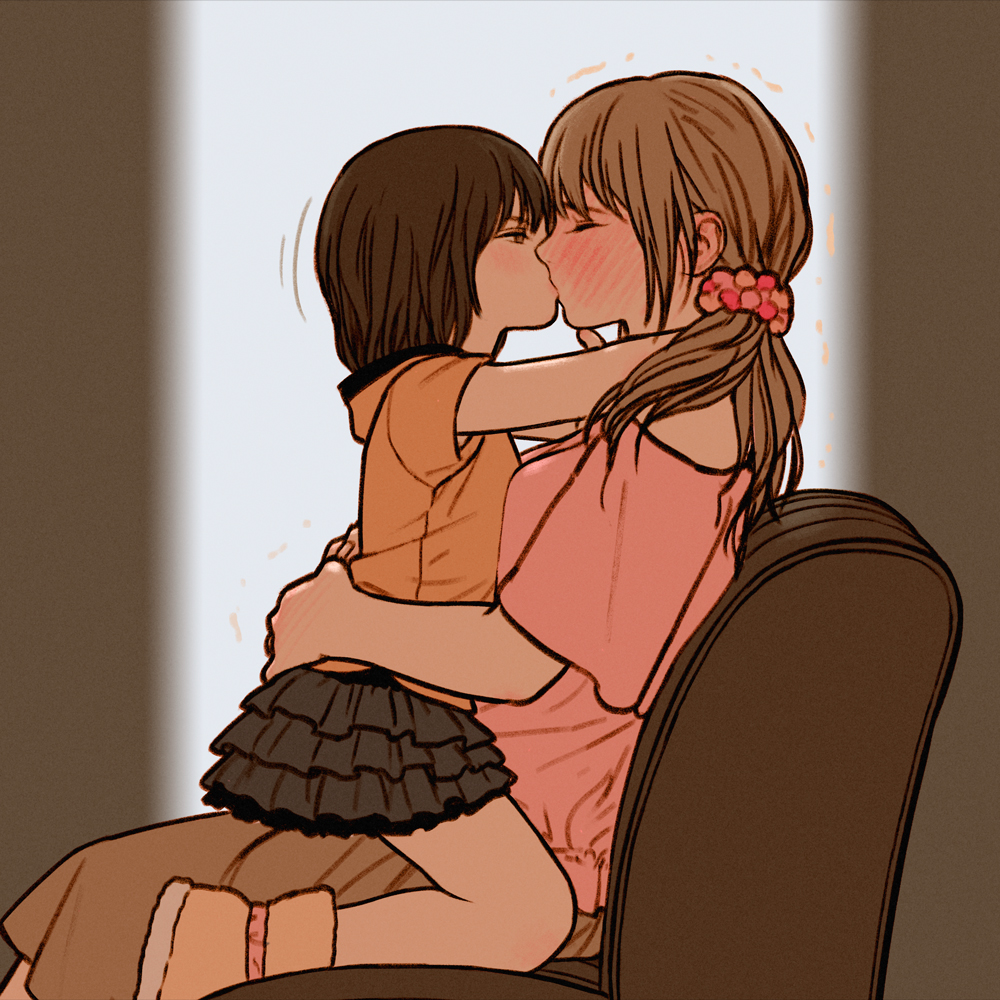 2girls age_difference black_skirt blush brown_eyes brown_hair brown_skirt closed_eyes commentary_request ear_blush female_focus from_side full-face_blush hair_ornament hair_scrunchie hands_on_another&#039;s_back hug incest kiss lap layered_skirt loli long_hair low-tied_long_hair mother_and_daughter multiple_girls nose_blush off-shoulder_shirt off_shoulder on_lap onee-loli orange_shirt original pink_shirt profile rustle scrunchie shirt short_hair short_sleeves sitting sitting_on_lap sitting_on_person skirt straddling trembling upright_straddle yuri