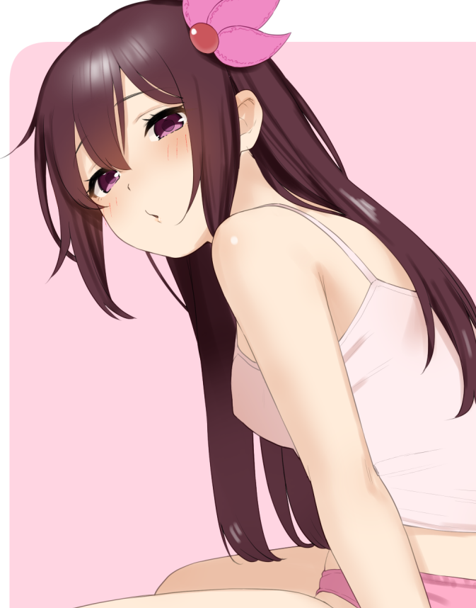 1girl bare_shoulders blush breasts brown_hair camisole hair_ornament kantai_collection kisaragi_(kancolle) long_hair looking_at_viewer medium_breasts panties pink_background pink_camisole pink_panties puckered_lips purple_eyes sakiecho solo two-tone_background underwear