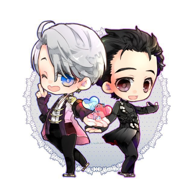 2boys ahoge black_hair black_pants blue_eyes border brown_eyes chibi gloves grey_background grey_hair grey_shirt hair_between_eyes hair_slicked_back ice_skates ice_skating katsuki_yuuri kh_524 male_focus multiple_boys one_eye_closed open_mouth outstretched_hand pants partially_fingerless_gloves shirt short_hair skates skating smile swept_bangs v viktor_nikiforov white_background white_border white_shirt yuri!!!_on_ice