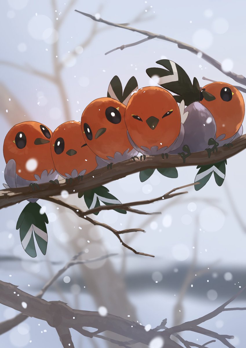 bare_tree bird black_eyes blurry blurry_background branch closed_eyes closed_mouth commentary fletchling full_body gen_6_pokemon highres in_tree kanataeni looking_at_viewer looking_up nintendo no_humans one_eye_closed outdoors pokemon pokemon_(creature) sky snow snowing tree winter