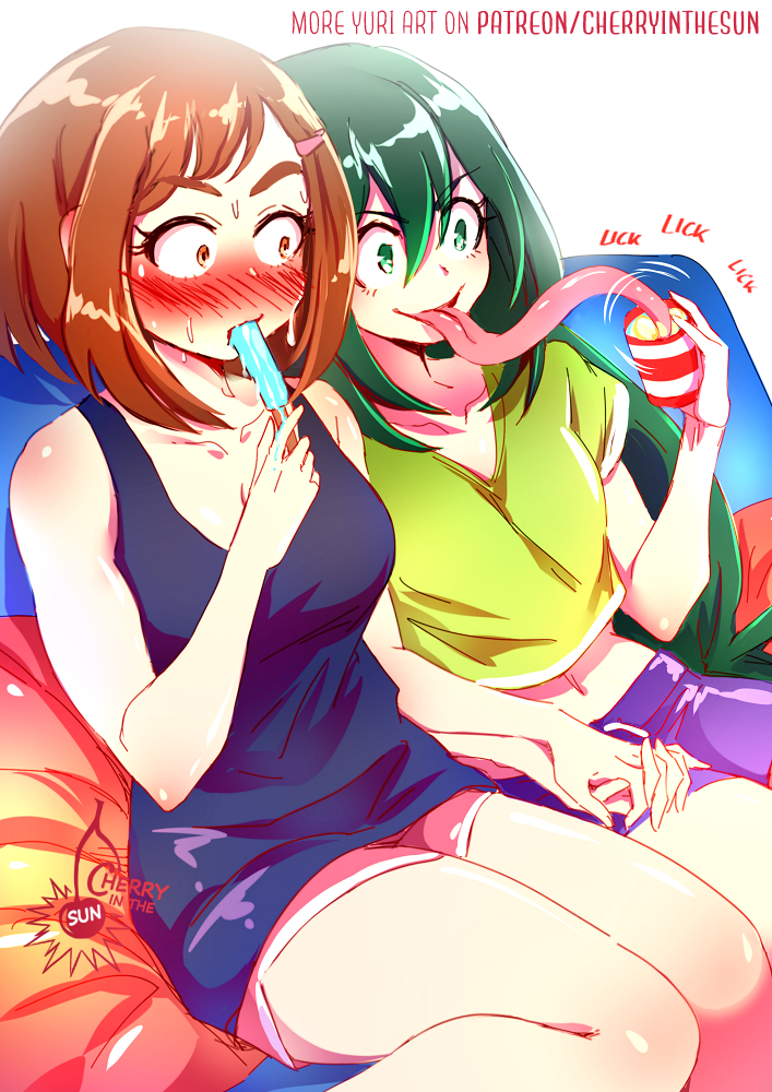 2girls asui_tsuyu black_shirt blush boku_no_hero_academia breasts brown_eyes brown_hair casual cherry_in_the_sun commentary constricted_pupils cropped_shirt cup english_commentary food green_eyes green_hair green_shirt hair_ornament hairclip holding_hands ice_cream_cup interlocked_fingers long_hair long_tongue medium_breasts midriff multiple_girls popsicle purple_shorts shirt short_hair shorts sitting smile tank_top tongue uraraka_ochako very_long_tongue yuri