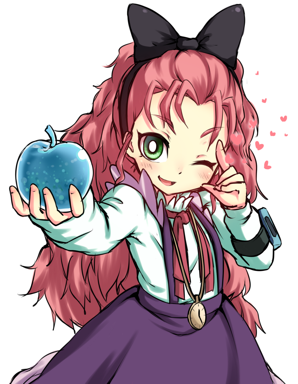 1girl ;d bow crystal crystal_apple duel_disk female_focus green_eyes hair_bow heart highres hochun_mieru one_eye_closed open_mouth pocket_watch red_hair simple_background skirt smile solo suspender_skirt suspenders topia watch white_background yu-gi-oh! yu-gi-oh!_arc-v