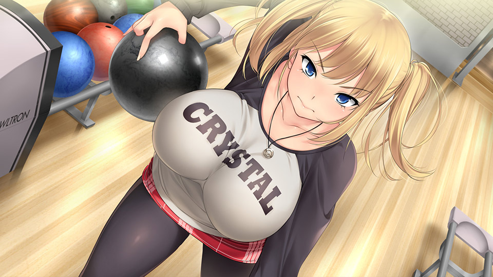 1girl 3: 3:&lt; ball blonde_hair blue_eyes bowling bowling_alley bowling_ball breasts brick_wall closed_mouth clothes_writing collarbone cowboy_shot dutch_angle female_focus fingernails from_above game_cg holding impossible_clothes impossible_shirt indoors jasmin_(negligee) jewelry kopianget large_breasts leggings long_sleeves miniskirt necklace negligee_(game) pantyhose pendant plaid_clothes plaid_skirt raglan_sleeves red_skirt serious shirt short_hair short_twintails sidelocks skirt solo standing tsurime twintails v-shaped_eyebrows wooden_floor