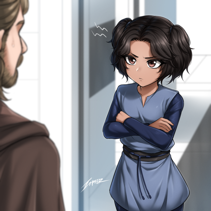 1boy 1girl aged_down anger_vein animification beard black_hair blue_shirt boba_fett brown_eyes brown_hair crossed_arms facial_hair genderswap obi-wan_kenobi shirt short_hair short_twintails star_wars star_wars:_attack_of_the_clones twintails zxpfer