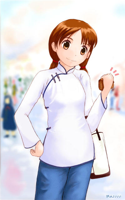 blue_pants blurry blurry_background brown_eyes brown_hair chinese_clothes ishizaki_yuki long_sleeves low_twintails mandarin_collar original pankou pants shanghai_neckline shirt smile solo_focus twintails white_bag white_shirt