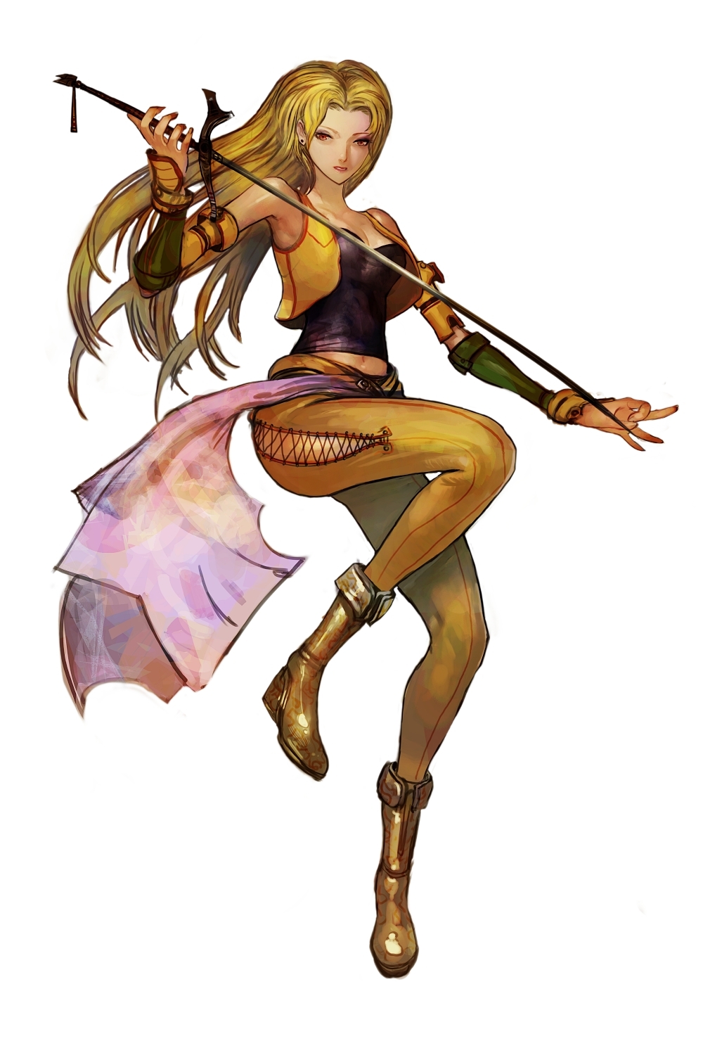 1990s_(style) 1girl blonde_hair bodysuit boots celes_chere dannoura_yuuki female_focus final_fantasy final_fantasy_vi full_body highres long_hair navel red_eyes retro_artstyle simple_background solo sword weapon white_background