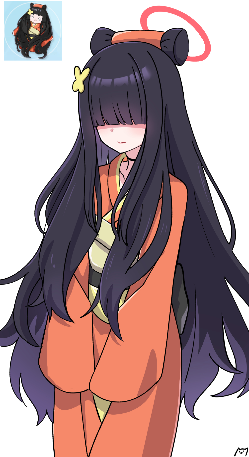 1girl alternate_costume black_choker black_hair blue_archive blunt_bangs choker closed_mouth collarbone cosplay doll extra faceless faceless_female hair_over_eyes halo highres hina_ningyou japanese_clothes justice_task_force_member_(blue_archive) kimono long_hair majinmallow messy_hair obi orange_kimono red_halo reference_inset sash simple_background solo standing very_long_hair wavy_hair white_background