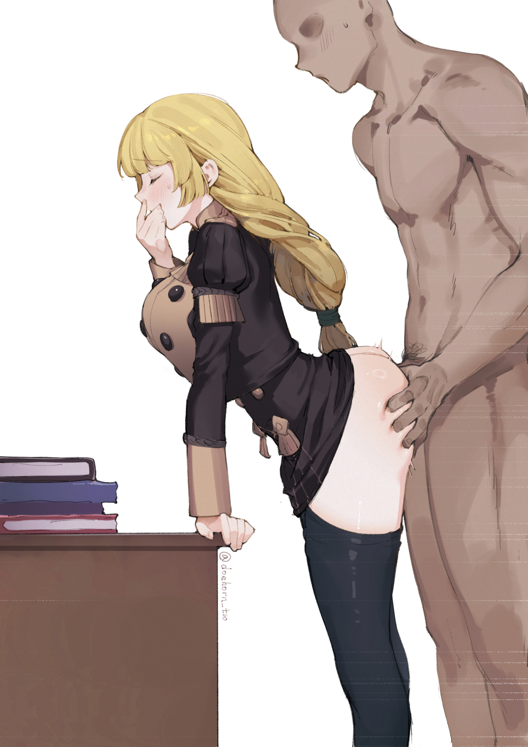 1boy 1girl arm_support ass black_thighhighs blonde_hair blunt_bangs blush book breasts closed_eyes clothed_female_nude_male clothed_sex commentary covering_own_mouth dark-skinned_male dark_skin deep_skin desk doehorn faceless faceless_male feet_out_of_frame fire_emblem fire_emblem:_three_houses from_side garreg_mach_monastery_uniform grabbing_another's_ass groping hair_tie hand_over_own_mouth hetero highres ingrid_brandl_galatea long_hair long_sleeves medium_breasts nintendo nude pectorals sex sex_from_behind shiny_skin simple_background standing standing_sex sweat thighhighs thighs twitter_username white_background