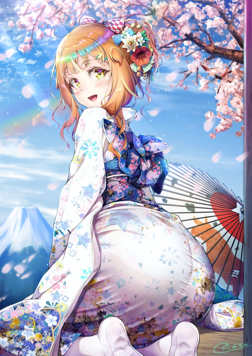 1boy ass blue_sky blush bow cherry_blossoms crossdressing flower from_behind hair_bow hair_bun hair_flower hair_ornament japanese_clothes kimono kneeling long_hair natsusora_wakana novady open_mouth orange_hair original parasol shiny_clothes single_hair_bun sky smile solo trap umbrella yellow_eyes yukata