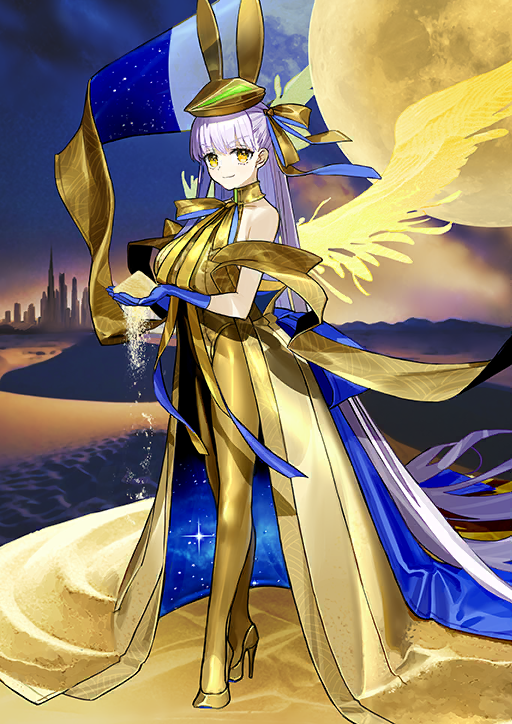 1girl absurdly_long_hair animal_hat back_ribbon backless_outfit bare_shoulders bb_(fate) blue_gloves blue_ribbon breasts closed_mouth desert fate/grand_order fate_(series) feathered_wings floating_clothes from_side full_body game_cg gloves gold_hat gold_leotard gold_ribbon gold_shawl gold_shoes gold_skirt golden_bb_(fate) hair_ribbon halterneck hands_up hat high_heels holding large_breasts leotard long_hair long_ribbon long_sidelocks long_skirt looking_at_viewer moon_(ornament) neck_ribbon official_art own_hands_together pantyhose pumps purple_hair rabbit_hat ribbon sand shoes showgirl_skirt sidelocks single_sidelock skirt skyline smile solo spoilers stiletto_heels third-party_source train_(clothing) two-sided_ribbon v-shaped_eyebrows very_long_hair wada_arco wings yellow_eyes yellow_pantyhose yellow_theme yellow_wings