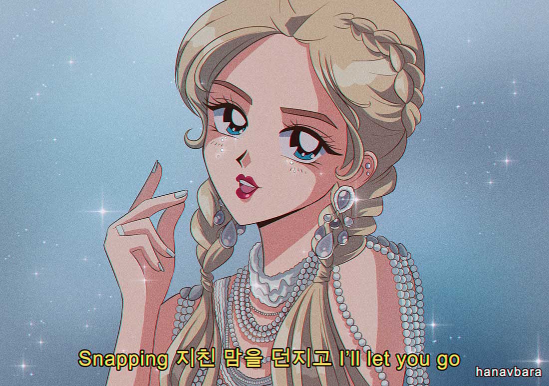 1girl artist_name blonde_hair blue_eyes chungha commentary earrings english_commentary english_text gem hanavbara jewelry k-pop korean_text looking_at_viewer open_mouth pearl_(gemstone) real_life red_lips ring solo sparkle twintails upper_body white_nails