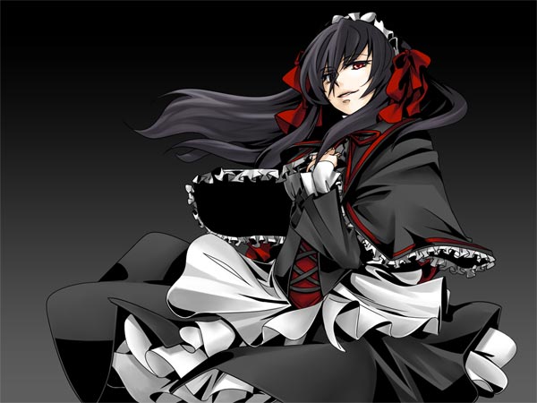 00s 1girl april april_(coyote_ragtime_show) bk black_background black_hair coyote_ragtime_show dress female_focus frills goth_fashion gradient_background grey_background hair_ribbon hands_on_own_chest long_hair mudo_(saji) red_eyes ribbon simple_background smirk solo standing