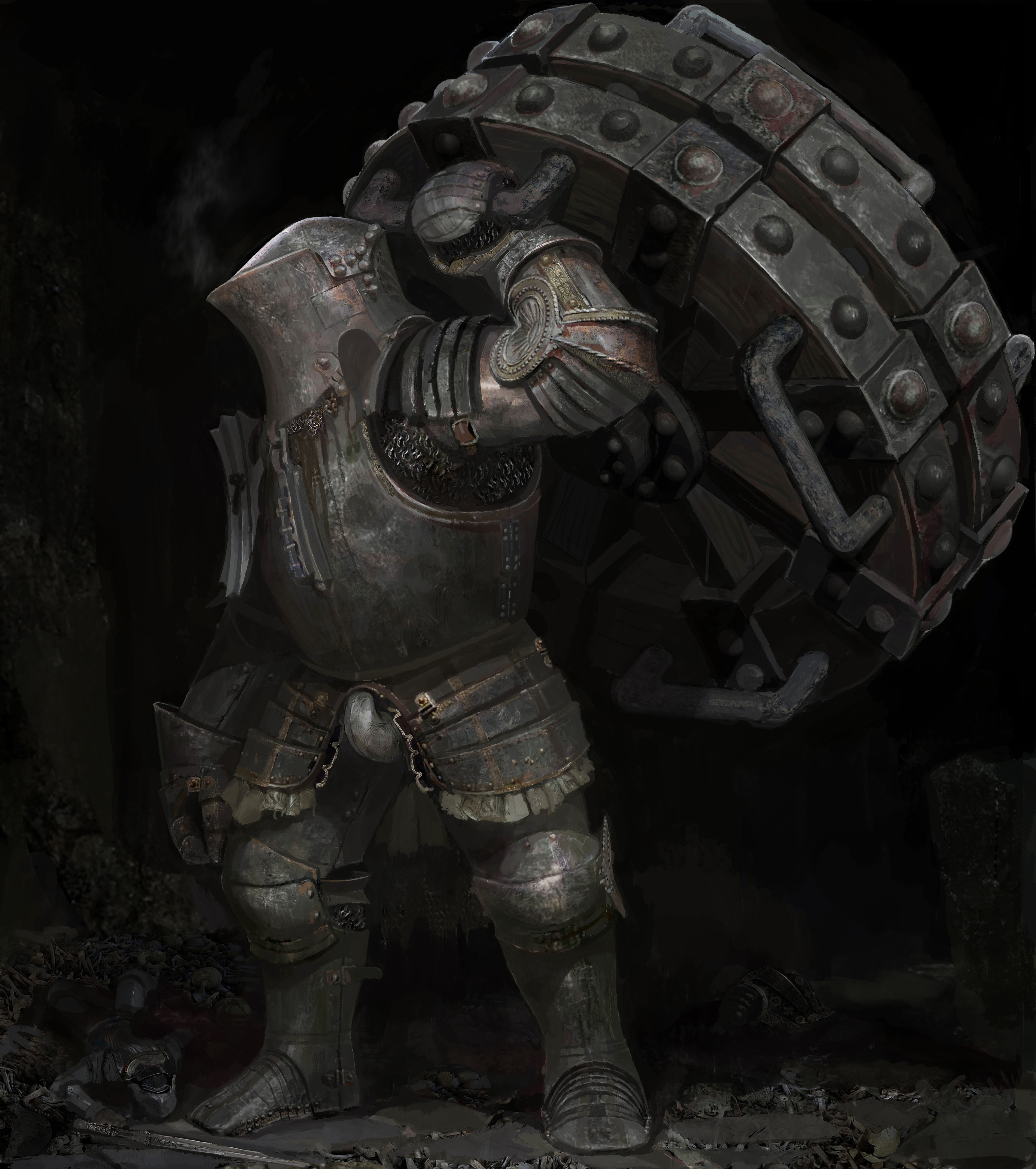 1other absurdres arm_at_side armor black_background chainmail codpiece full_body gauntlets helmet highres original seok_young_choi solo standing wheel