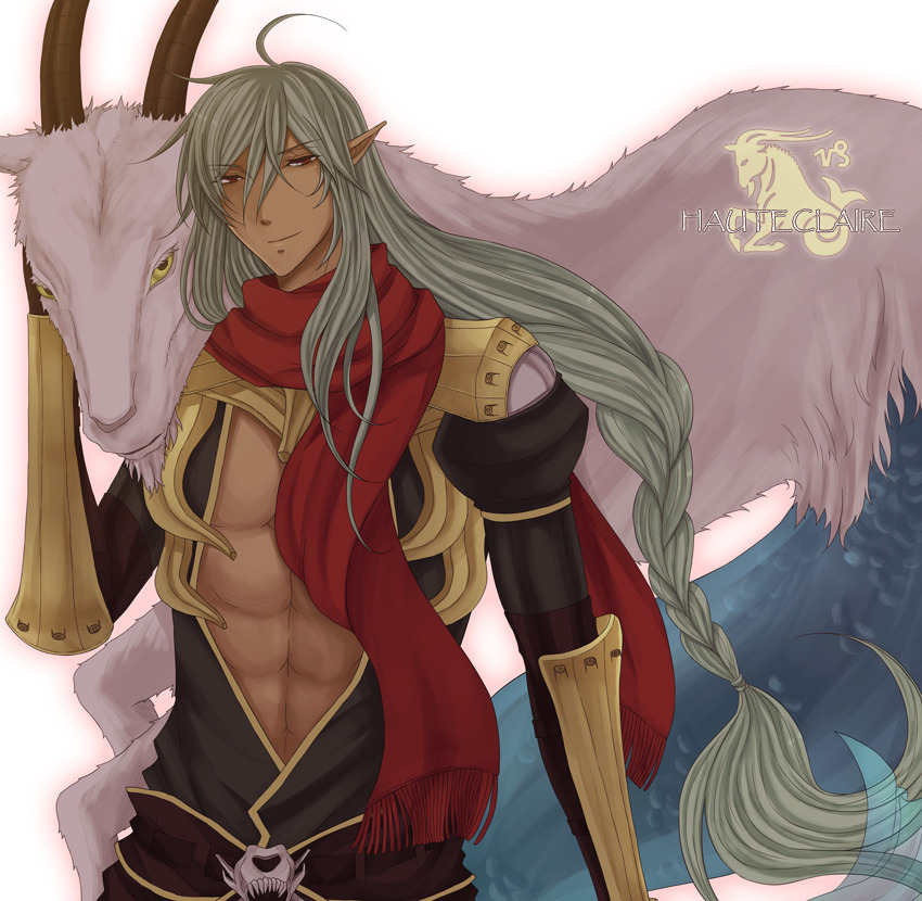 1boy ahoge armor assassin_cross_(ragnarok_online) black_shirt braid braided_ponytail closed_mouth commentary dark-skinned_male dark_skin english_commentary fringe_trim goat grey_hair long_hair looking_at_viewer male_focus monster pauldrons pointy_ears ragnarok_online red_eyes red_scarf rinslette scarf shirt shoulder_armor smile solo upper_body vambraces very_long_hair