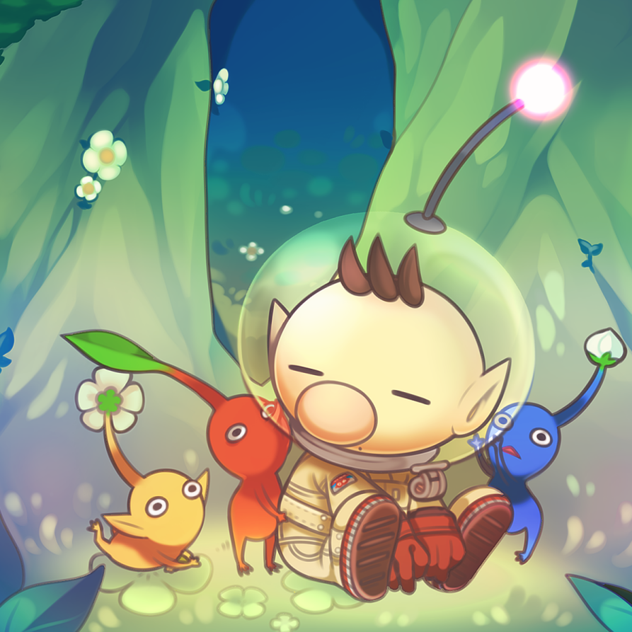 1boy brown_hair flower gloves glowing helmet kashiri_kurosuke leaf male_focus olimar pikmin_(creature) pikmin_(series) pointy_ears sitting spacesuit