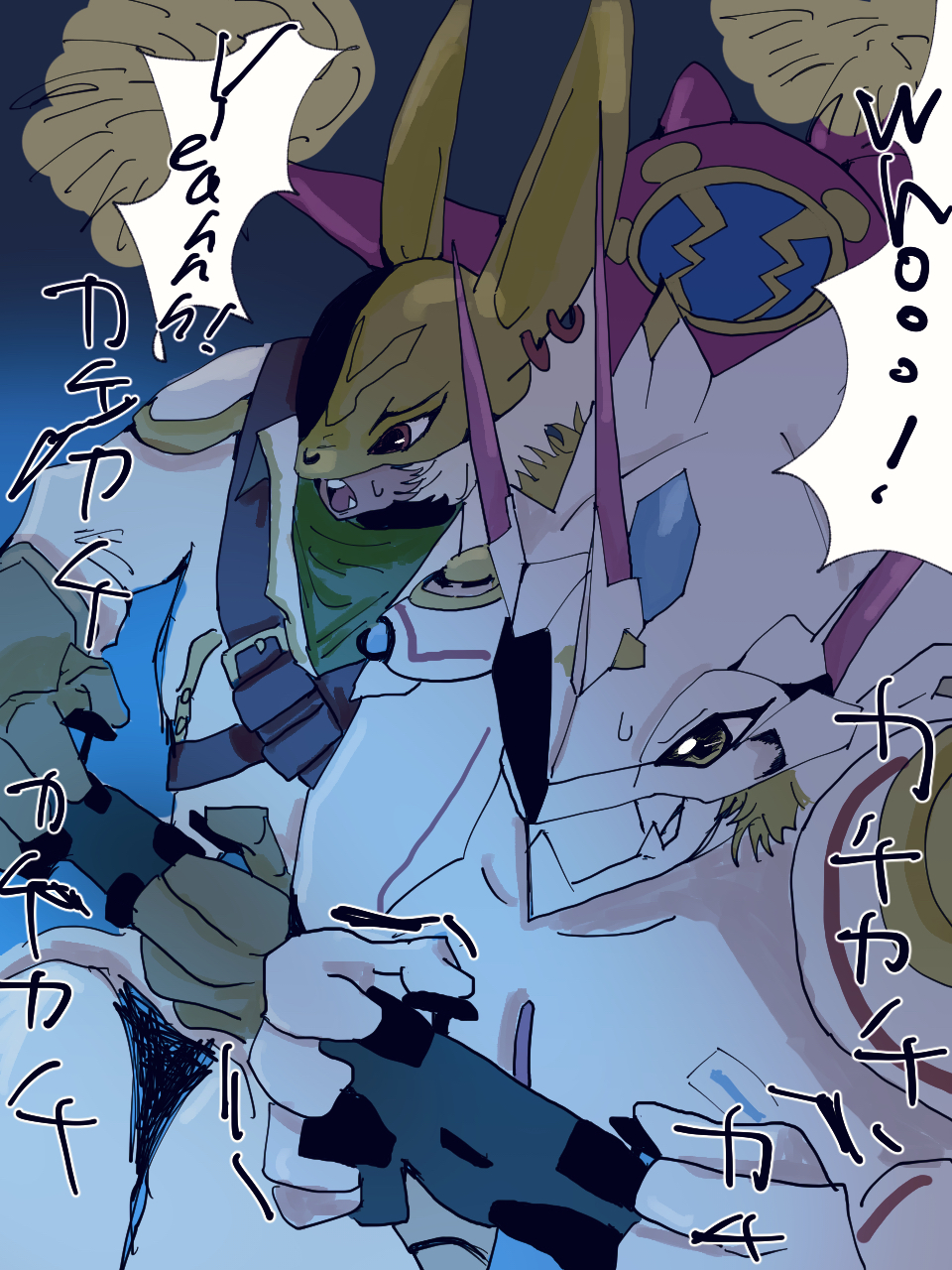 amphimon android armor diarbbitmon digimon digimon_(creature) digimon_ghost_game diving_suit dragon_boy full_armor gynoid highres mask mecha_girl rabbit_mask robot_girl siriusmon translation_request