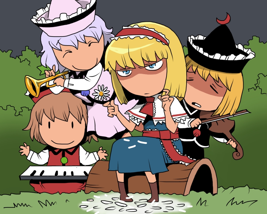4girls alice_margatroid blonde_hair blue_eyes blue_hair blush boots bow brown_hair capelet crescent daisy dress female_focus flower hairband hat instrument keyboard_(instrument) lunasa_prismriver lyrica_prismriver merlin_prismriver multiple_girls night onikobe_rin petals plucking_petals ribbon sash short_hair short_sleeves sitting skirt touhou trumpet violin