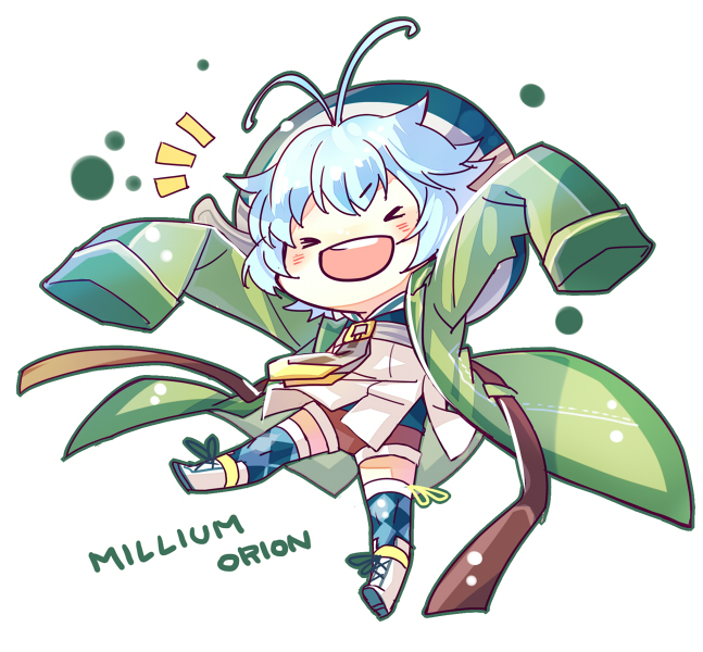 1girl achan_(blue_semi) ahoge chibi closed_eyes coat double-parted_bangs eiyuu_densetsu full_body millium_orion open_mouth sen_no_kiseki sen_no_kiseki_(series) sen_no_kiseki_ii smile solo thighhighs
